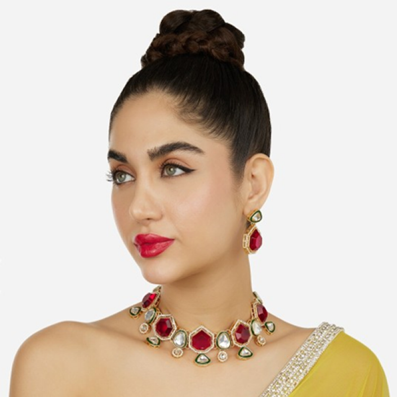 Gold-Plated Austrian Diamonds Studded Meenakari Jewellery Set