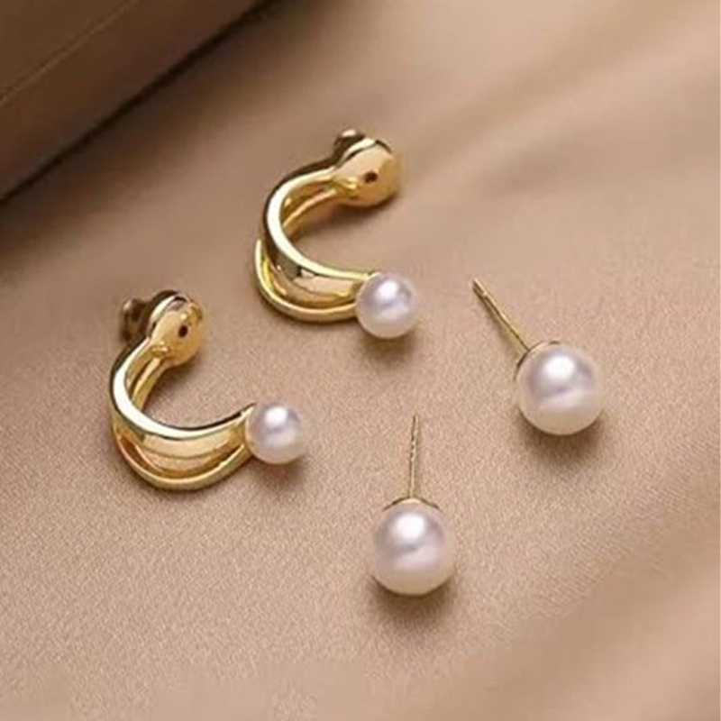Gold Toned Contemporary Pearls Studs Earrings